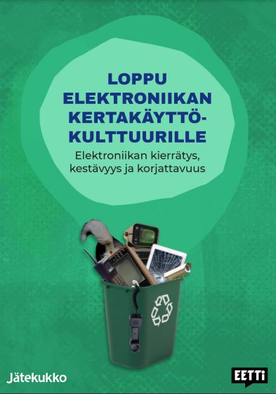 Loppu elektroniikan kertakäyttökulttuurille-oppaan kannessa roskapönttö, jossa elektroniikkajätettä.
